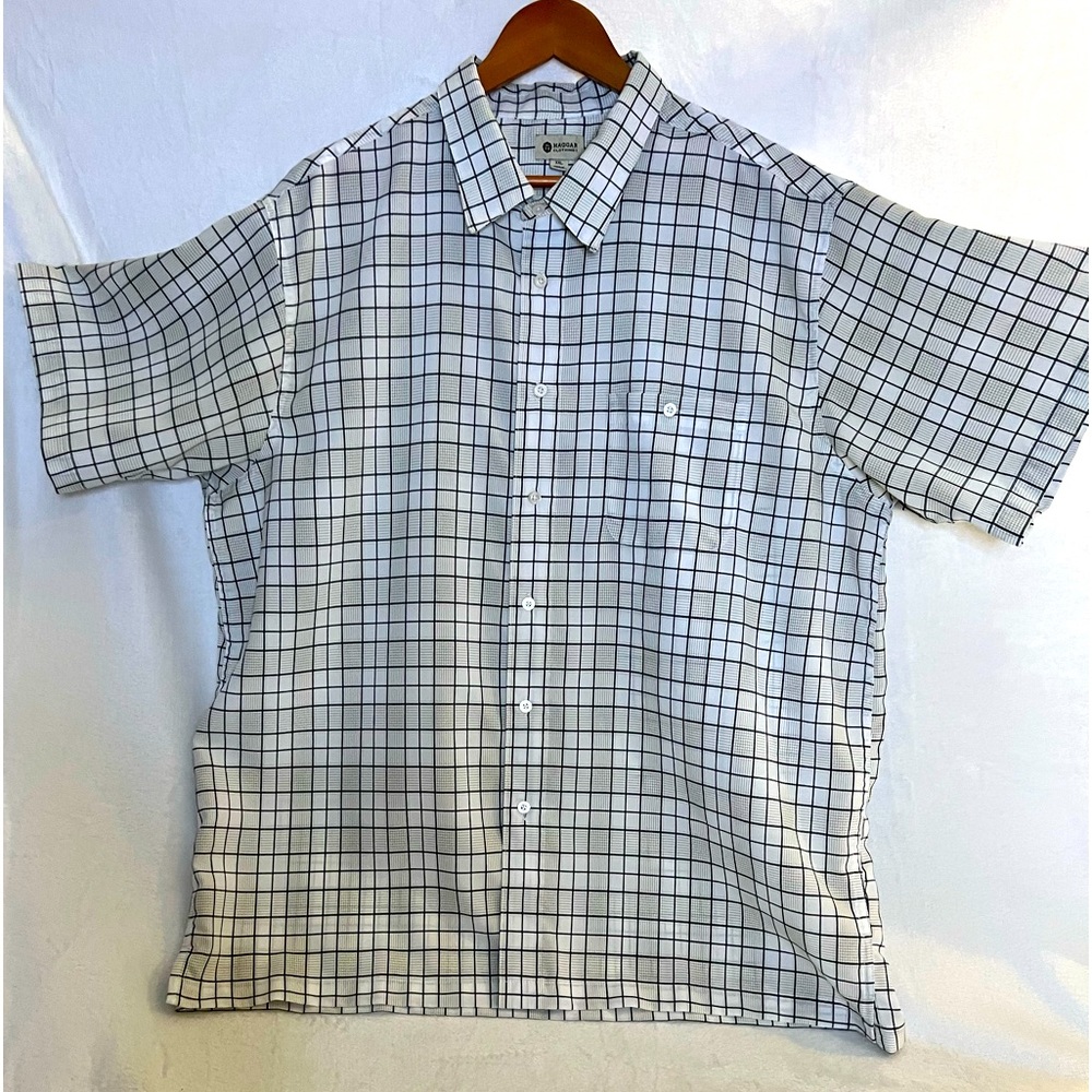 Mens XXL Haggar Black & White Plaid Button Down Shirt